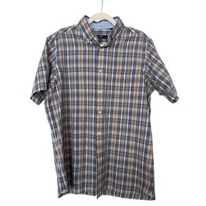 Cremieux Classics Mens M Blue Tan Plaid Cotton Hemp Short Sleeve Shirt Utility